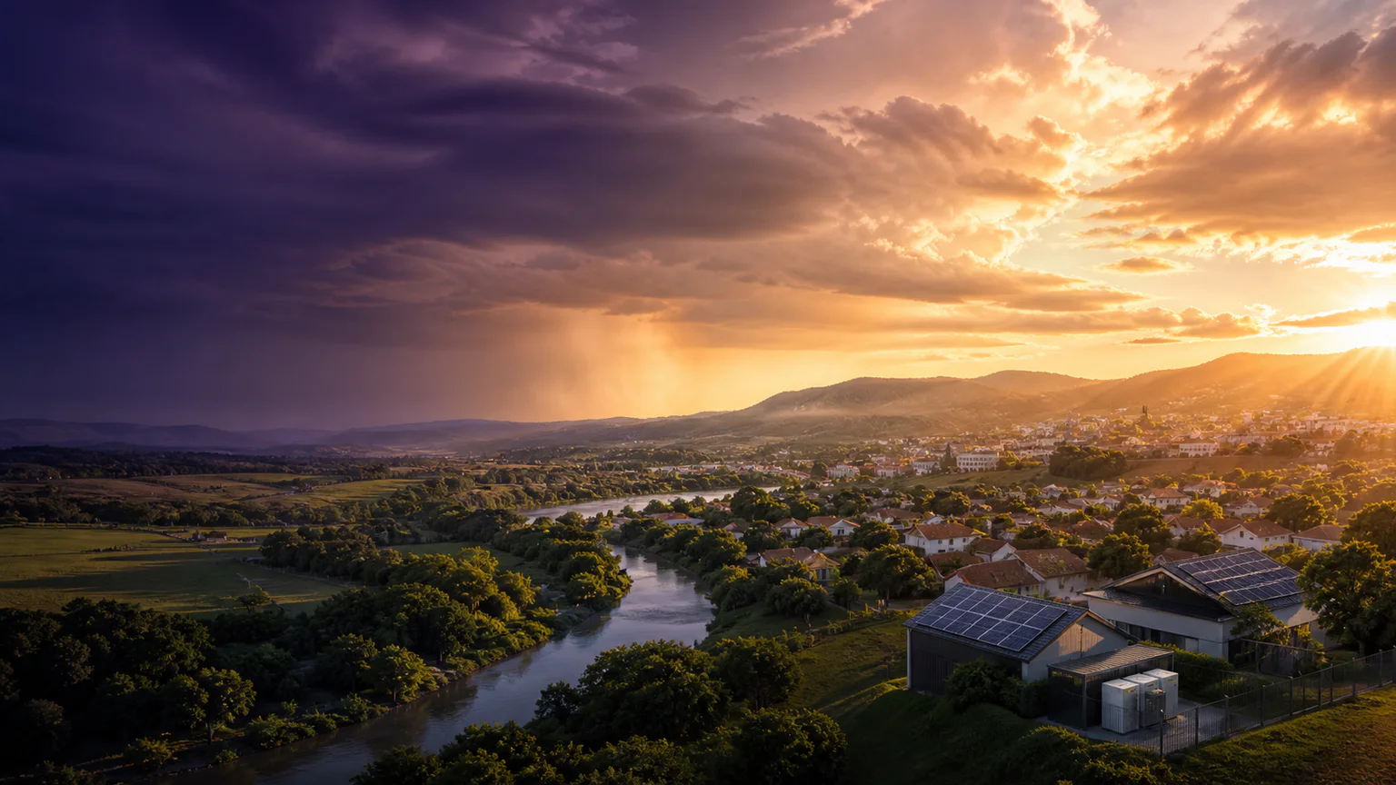 Cidade e zona rural em paisagem conceitual com rio, chuva, sol e geração fotovoltaica