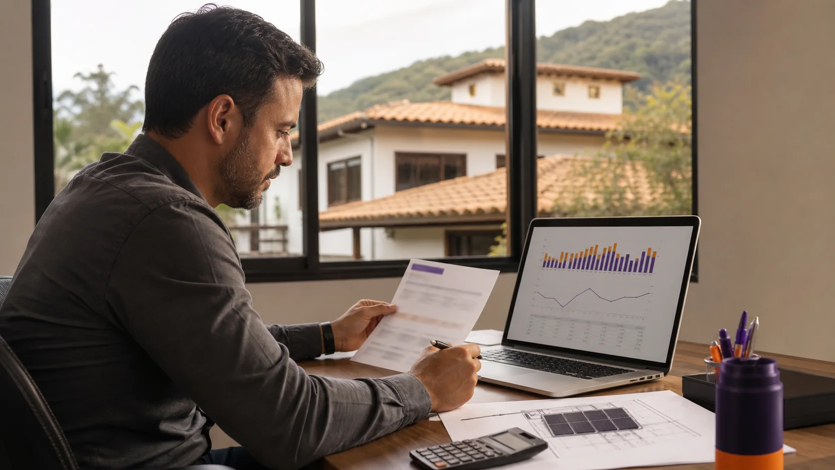Especialista analisando dados de consumo para um diagnóstico solar